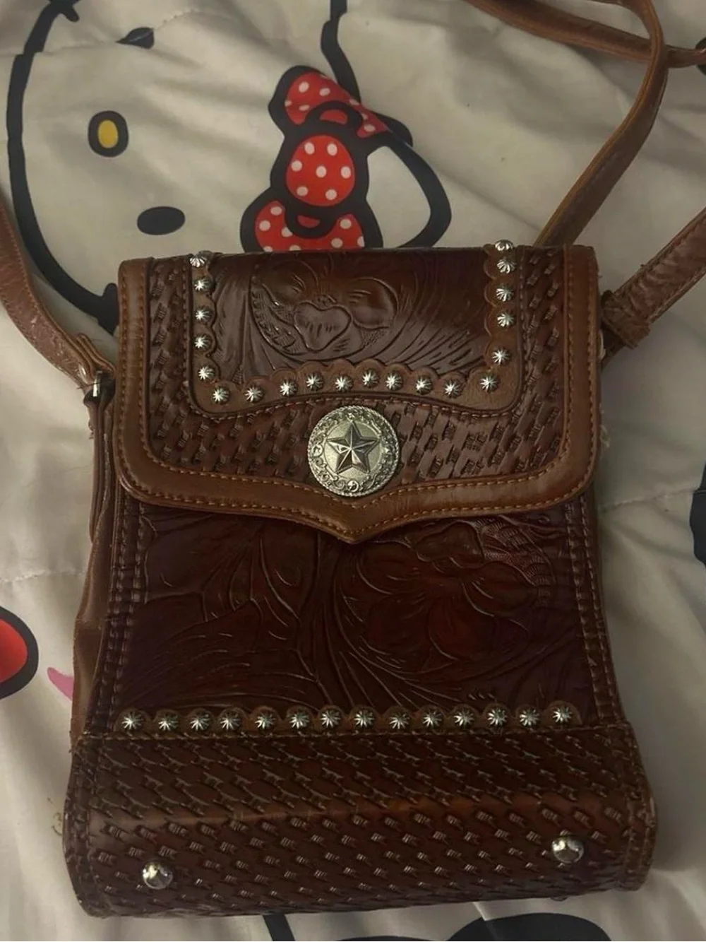 Brown Tooled Leather Crossbody Bag with Western Concho